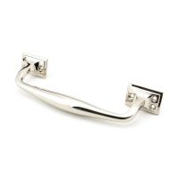 The 230mm Swelled Grip Pull Handle with Roses in Polished Nickel on a White Background The 230mm Swelled Grip Pull Handle with Roses in Polished Nickel on a White Background