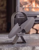 The 24cm Black "Air Deco" Eco Wood Stove Fan on na Black Stone Fireplace with a Log Burner in the Background - Digital Illustration The 24cm Black "Air Deco" Eco Wood Stove Fan on na Black Stone Fireplace with a Log Burner in the Background - Digital Illustration