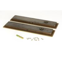 The 250mm Art Deco Rectangular Sliding Pocket Door Privacy Set in Aged Brass Shown from Behind with Supplied Screws and Spindle