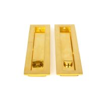 The 250mm Classic Rectangular Sliding Pocket Door Privacy Set in Polished Brass Shown laying on a White Background