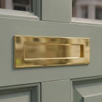 The 25cm Polished Brass Victorian Style Letter Plate  on a Green Front Door to a Contemporary Home - Digital Illustration 