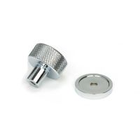 The 25mm Knurled Cabinet Knob on a Plain Rose in Polished Chrome Displayed in Separate Sections on a White Background The 25mm Knurled Cabinet Knob on a Plain Rose in Polished Chrome Displayed in Separate Sections on a White Background