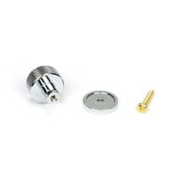 The 25mm Knurled Cabinet Knob on a Plain Rose in Polished Chrome Displayed in Separate Sections with Fitting Bolt The 25mm Knurled Cabinet Knob on a Plain Rose in Polished Chrome Displayed in Separate Sections with Fitting Bolt