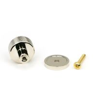 The 25mm Knurled Cabinet Knob on a Plain Rose in Polished Nickel Displayed in Separate Sections with Fitting Bolt The 25mm Knurled Cabinet Knob on a Plain Rose in Polished Nickel Displayed in Separate Sections with Fitting Bolt