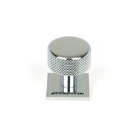 The 25mm Knurled Cabinet Knob on a Square Rose in Polished Chrome Shown Upright on a White Background The 25mm Knurled Cabinet Knob on a Square Rose in Polished Chrome Shown Upright on a White Background