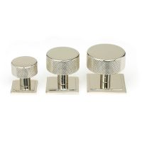 The 25mm Knurled Cabinet Knob on a Square Rose in Polished Nickel Alongside Different Sizes The 25mm Knurled Cabinet Knob on a Square Rose in Polished Nickel Alongside Different Sizes
