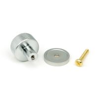 The 25mm Knurled Cabinet Knob on Plain Rose in Satin Chrome Displayed with Fittings The 25mm Knurled Cabinet Knob on Plain Rose in Satin Chrome Displayed with Fittings