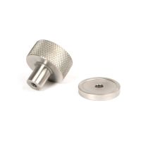 The 25mm Knurled Cabinet Knob on Plain Rose in Satin Stainless Steel Shown from Behind with the Rose The 25mm Knurled Cabinet Knob on Plain Rose in Satin Stainless Steel Shown from Behind with the Rose