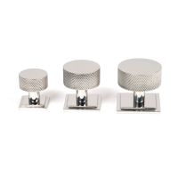 The 25mm Knurled Cabinet Knob on Square Rose in Polished Stainless Steel Alongside Different Sizes on a White Background The 25mm Knurled Cabinet Knob on Square Rose in Polished Stainless Steel Alongside Different Sizes on a White Background