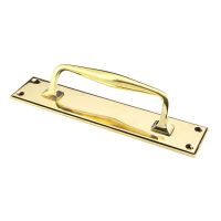 The 300mm Swelled Grip Door Handle with Backplate in Aged Brass on a White Background The 300mm Swelled Grip Door Handle with Backplate in Aged Brass on a White Background
