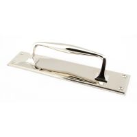 The 300mm Swelled Grip Door Handle with Backplate in Polished Nickel on a White Background The 300mm Swelled Grip Door Handle with Backplate in Polished Nickel on a White Background
