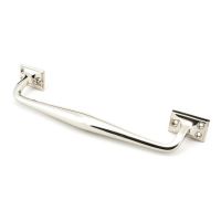 The 300mm Swelled Grip Pull Handle with Roses in Polished Nickel on a White Background The 300mm Swelled Grip Pull Handle with Roses in Polished Nickel on a White Background