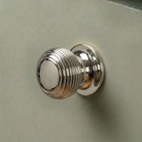 The 30mm Individual Polished Nickel Beehive Cabinet Knob Fitted on a Modern Kitchen Cupboard Drawer in Sage Green - Digital Illustration The 30mm Individual Polished Nickel Beehive Cabinet Knob Fitted on a Modern Kitchen Cupboard Drawer in Sage Green - Digital Illustration