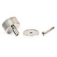 The 32mm Knurled Cabinet Knob on a Plain Rose in Polished Stainless Steel Displayed with Fittings The 32mm Knurled Cabinet Knob on a Plain Rose in Polished Stainless Steel Displayed with Fittings