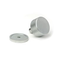 The 32mm Knurled Cabinet Knob on a Plain Rose in Satin Chrome Shown in Separate Sections The 32mm Knurled Cabinet Knob on a Plain Rose in Satin Chrome Shown in Separate Sections