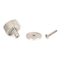 The 32mm Knurled Cabinet Knob on a Plain Rose in Satin Stainless Steel Displayed with Fittings The 32mm Knurled Cabinet Knob on a Plain Rose in Satin Stainless Steel Displayed with Fittings
