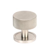 The 32mm Knurled Cabinet Knob on a Plain Rose in Satin Stainless Steel Shown Upright on a White Background The 32mm Knurled Cabinet Knob on a Plain Rose in Satin Stainless Steel Shown Upright on a White Background