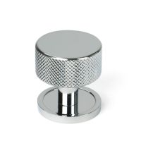 The 32mm Knurled Cabinet Knob on Plain Rose in Polished Chrome Shown Upright on a White Background The 32mm Knurled Cabinet Knob on Plain Rose in Polished Chrome Shown Upright on a White Background