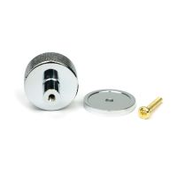 The 32mm Knurled Cabinet Knob on Plain Rose in Polished Chrome Shown with Fitting Bolt on a White Background The 32mm Knurled Cabinet Knob on Plain Rose in Polished Chrome Shown with Fitting Bolt on a White Background