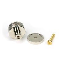 The 32mm Knurled Cabinet Knob on Plain Rose in Polished Nickel Shown with Fitting Bolt on a White Background