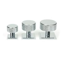 The 32mm Knurled Cabinet Knob on Square Rose in Polished Chrome Alongside Different Sizes on a White Background