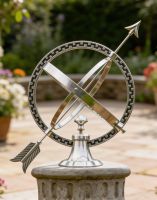The 37cm Polished Chrome "Almwick Manor" Armillary on a Grey Stone Pillar in a Traditional Garden Setting - Digital Illustration The 37cm Polished Chrome "Almwick Manor" Armillary on a Grey Stone Pillar in a Traditional Garden Setting - Digital Illustration