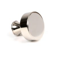The 38mm "Atelier" Circular Cabinet Knob in Polished Nickel on a White Background Shown Side on