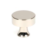 The 38mm "Atelier" Circular Cabinet Knob in Polished Nickel on a White Background Stood Upright