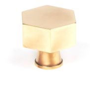 The 38mm "Vanguard" Hexagonal Cabinet Knob in Aged Brass on a White Background Stood Upright 