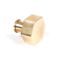 The 38mm "Vanguard" Hexagonal Cabinet Knob in Aged Brass on a White Background Viewed Side on
