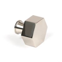 The 38mm "Vanguard" Hexagonal Cabinet Knob in Polished Nickel on a White Background Displayed On its Side