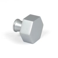 The 38mm "Vanguard" Hexagonal Cabinet Knob in Satin Chrome on a White Background Shown from the Side
