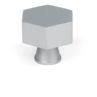 The 38mm "Vanguard" Hexagonal Cabinet Knob in Satin Chrome on a White Background Shown Standing Upright 