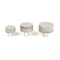 The 38mm Knurled Cabinet Knob (No Rose) in Polished Stainless Steel Next to Other Available Sizes on a White Background The 38mm Knurled Cabinet Knob (No Rose) in Polished Stainless Steel Next to Other Available Sizes on a White Background