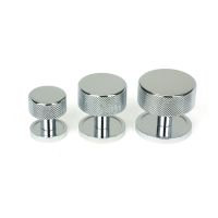 The 38mm Knurled Cabinet Knob on a Plain Rose in Polished Chrome Next to Other Available Sizes on a White Background The 38mm Knurled Cabinet Knob on a Plain Rose in Polished Chrome Next to Other Available Sizes on a White Background