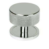 The 38mm Knurled Cabinet Knob on a Plain Rose in Polished Chrome Shown Upright on a White Background The 38mm Knurled Cabinet Knob on a Plain Rose in Polished Chrome Shown Upright on a White Background