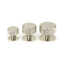 The 38mm Knurled Cabinet Knob on a Plain Rose in Polished Nickel Next to Other Available Sizes on a White Background