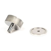 The 38mm Knurled Cabinet Knob on a Plain Rose in Polished Stainless Steel Shown from Behind on a White Background The 38mm Knurled Cabinet Knob on a Plain Rose in Polished Stainless Steel Shown from Behind on a White Background