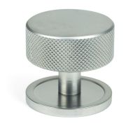 The 38mm Knurled Cabinet Knob on a Plain Rose in Satin Chrome Shown Upright on a White Background The 38mm Knurled Cabinet Knob on a Plain Rose in Satin Chrome Shown Upright on a White Background