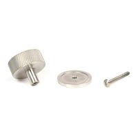 The 38mm Knurled Cabinet Knob on a Plain Rose in Satin Stainless Steel Showing the Separate Components and Supplied Fitting The 38mm Knurled Cabinet Knob on a Plain Rose in Satin Stainless Steel Showing the Separate Components and Supplied Fitting