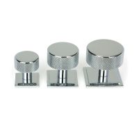 The 38mm Knurled Cabinet Knob on a Square Rose in Polished Chrome Next to Other Available Sizes on a White Background