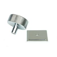 The 38mm Knurled Cabinet Knob on a Square Rose in Polished Chrome Shown from Behind on a White Background