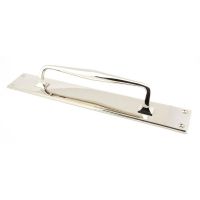 The 425mm Swelled Grip Door Handle with Backplate in Polished Nickel on a White Background The 425mm Swelled Grip Door Handle with Backplate in Polished Nickel on a White Background