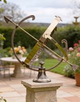 The 44cm Deluxe Antique Brass "Profatius" Armillary on a Square Plinth in a Ornate Garden - Digital Illustration 