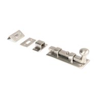The 4" Satin Stainless Steel Universal Door & Window Bolt on a White Background The 4" Satin Stainless Steel Universal Door & Window Bolt on a White Background