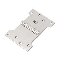 The 4 Inch Heavy Duty Parliament Door Hinges (Pair) in Polished Stainless Steel on a White Background