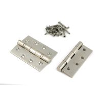 The 4 Inch Stainless Steel Ball Bearing Butt Hinges (Pair) in Polished Nickel on a White Background with Supplied Screws