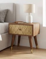 The 51cm Mango Wood & Brass Bedside Cabinet Placed next to a King Size Bed in a Modern Home - Digital Illustration 