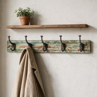 The 5 Hooked Reclaimed Wood & Iron Coat Hooks Displayed on a Cream Wall in a Home Entrance - Digital Illustration The 5 Hooked Reclaimed Wood & Iron Coat Hooks Displayed on a Cream Wall in a Home Entrance - Digital Illustration