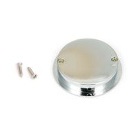 The 60mm Art Deco Round Flush Pull Handle in Polished Chrome Shown from Behind with Supplied Screws on a White Background